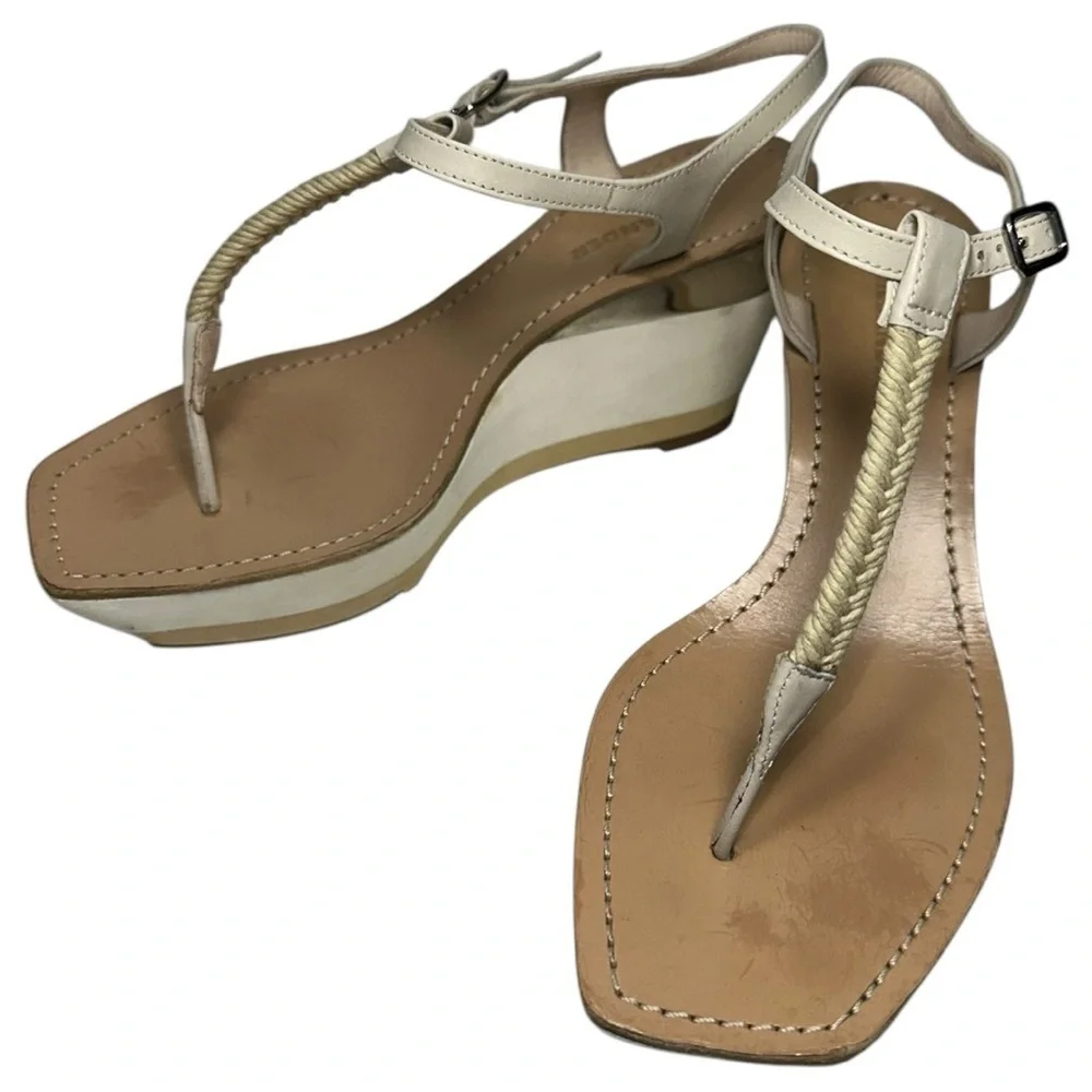Jil Sander Women’s 37 7 White Tan Metallic Gold Roped T-Strap Platform Sandals